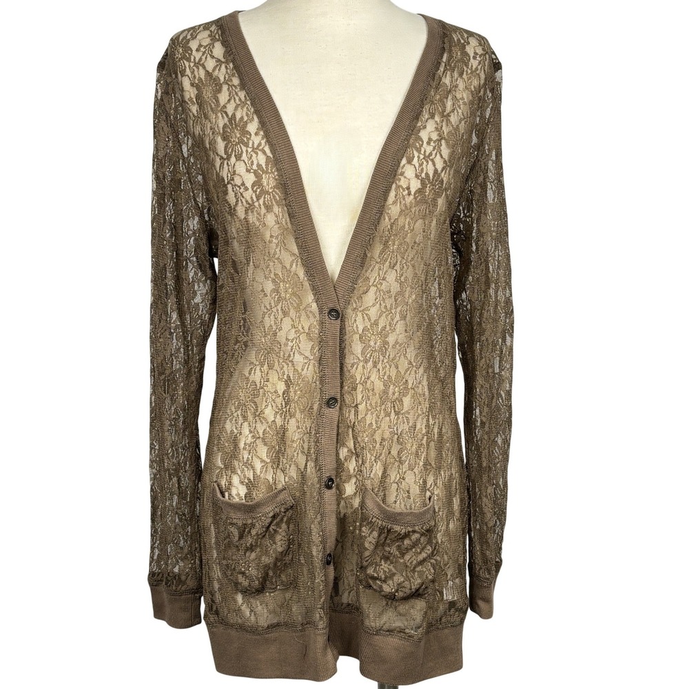 Xhilaration Lace Cardigan XXL Brown Sheer Floral Button Front Y2K Coquette